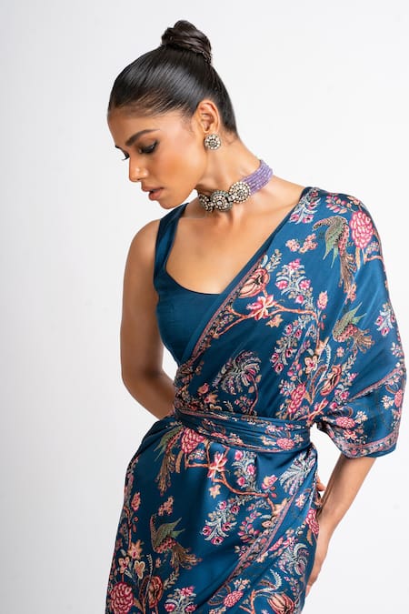 Studio 113_Blue Satin, Silk Embroidery Prussian Floral Saree _Online_at_Aza_Fashions