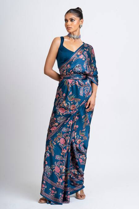 Shop_Studio 113_Blue Satin, Silk Embroidery Prussian Floral Saree _Online_at_Aza_Fashions