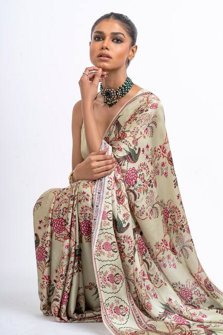 Buy_Studio 113_Green Satin, Silk Embroidery Floral Mist Saree _Online_at_Aza_Fashions