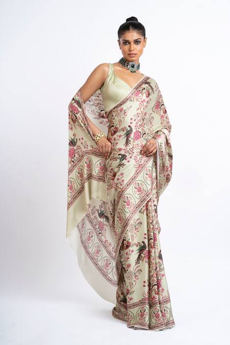 Shop_Studio 113_Green Satin, Silk Embroidery Floral Mist Saree _Online_at_Aza_Fashions