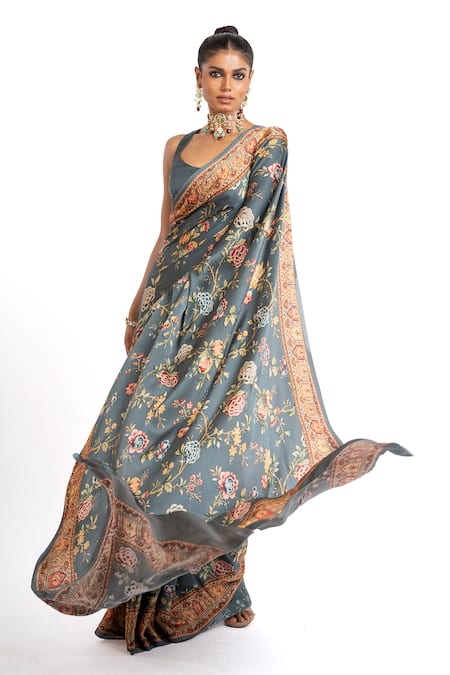 Studio 113_Charcoal Satin, Silk Embroidery Grey Saree _Online_at_Aza_Fashions