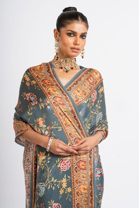 Buy_Studio 113_Charcoal Satin, Silk Embroidery Grey Saree _Online_at_Aza_Fashions