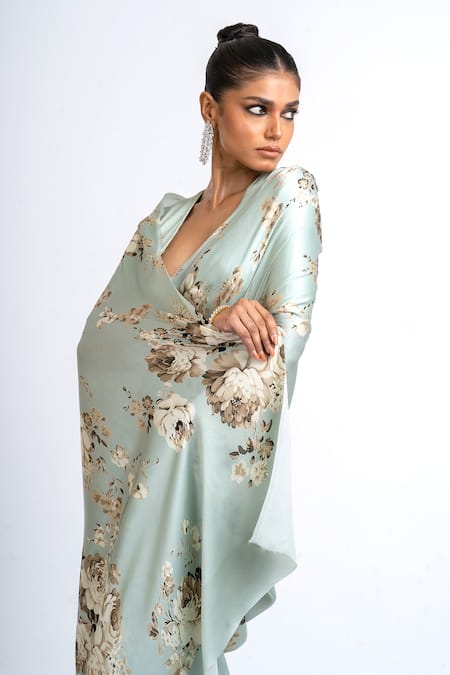 Studio 113_Blue Satin, Silk Floral Saree _Online_at_Aza_Fashions