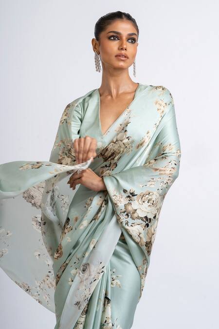 Buy_Studio 113_Blue Satin, Silk Floral Saree _Online_at_Aza_Fashions