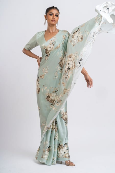 Shop_Studio 113_Blue Satin, Silk Floral Saree _Online_at_Aza_Fashions
