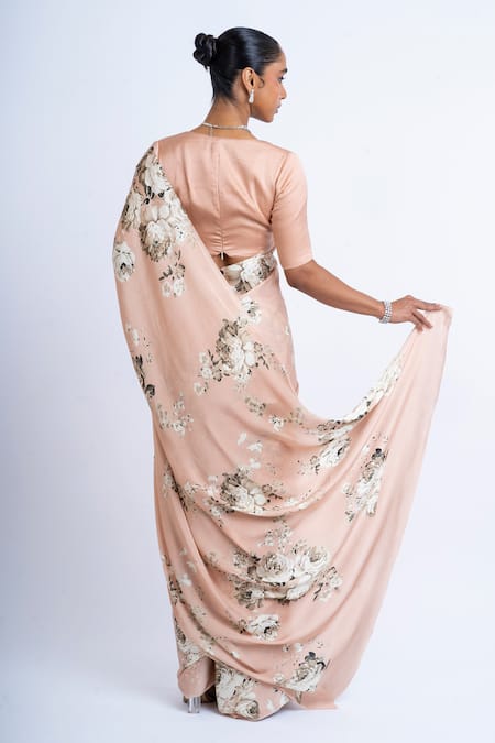 Studio 113_Blush Satin, Silk Floral Saree _Online_at_Aza_Fashions