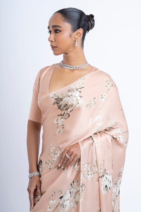 Shop_Studio 113_Blush Satin, Silk Floral Saree _Online_at_Aza_Fashions