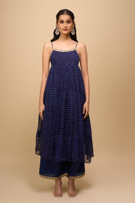 Shop_Naintara Bajaj_Navy Georgette Round Neck Printed Blue Anarkali Set _Online_at_Aza_Fashions