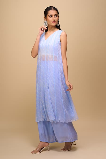 Naintara Bajaj_Sky Blue Chiffon V-neck Printed Anarkali And Pant Set _Online_at_Aza_Fashions
