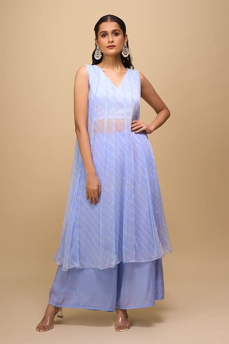 Shop_Naintara Bajaj_Sky Blue Chiffon V-neck Printed Anarkali And Pant Set _Online_at_Aza_Fashions