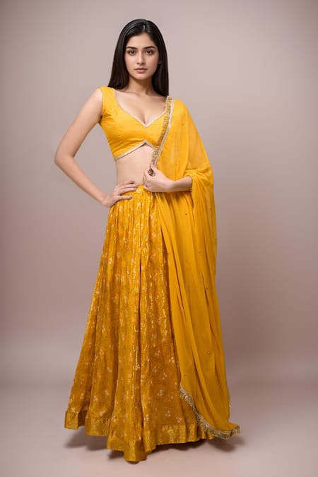 Samyukta Singhania Yellow Silk, Chiffon Embroidery Embellished Lehenga Set 