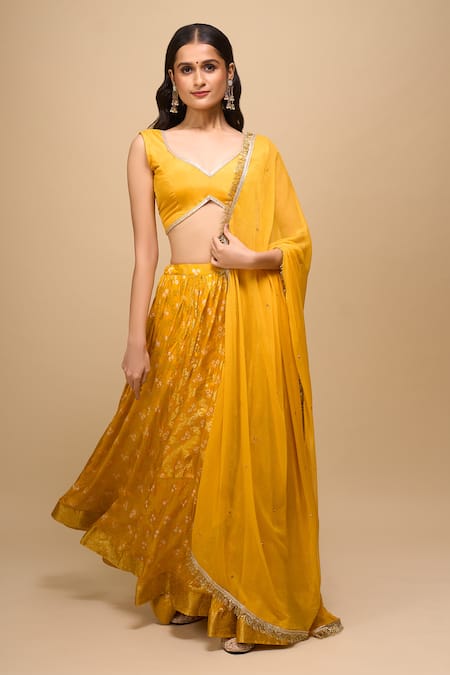 Naintara Bajaj_Yellow Silk, Chiffon Embroidery Embellished Lehenga Set _Online_at_Aza_Fashions
