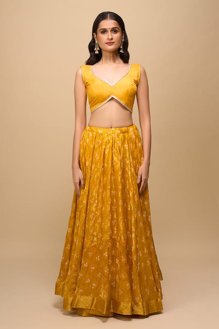 Buy_Naintara Bajaj_Yellow Silk, Chiffon Embroidery Embellished Lehenga Set _Online_at_Aza_Fashions