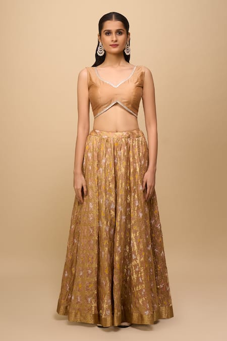 Buy_Naintara Bajaj_Gold Silk, Chiffon Embroidery Embellished Lehenga Set 