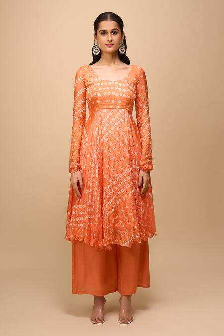 Buy Naintara Bajaj Orange Silk Square Neck Printed Anarkali Set Online at Aza Fashions Buy_Naintara Bajaj_Orange Silk Square Neck Printed Anarkali Set _Online_at_Aza_Fashions