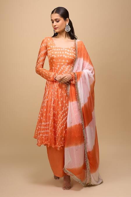 Shop Naintara Bajaj Orange Silk Square Neck Printed Anarkali Set Online at Aza Fashions Shop_Naintara Bajaj_Orange Silk Square Neck Printed Anarkali Set _Online_at_Aza_Fashions