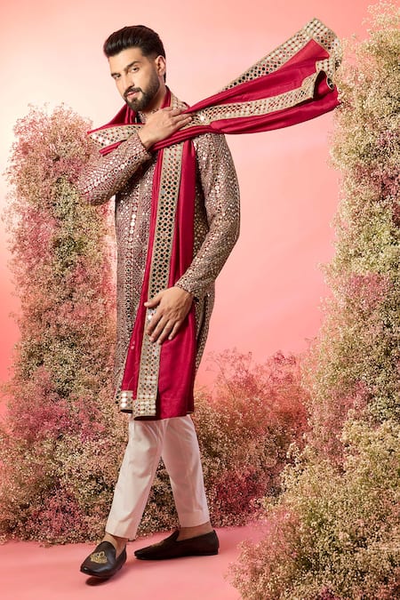 Kasbah Maroon Georgette Mirrors Work Kurta With Stole