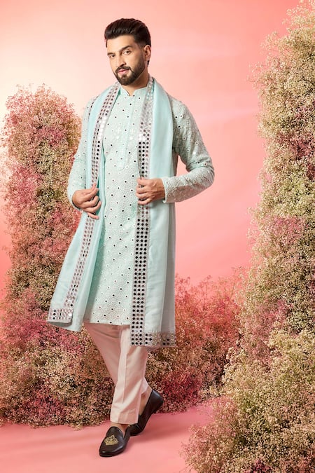 Kasbah Blue Georgette Mirrors Powder Work Kurta And Stole 
