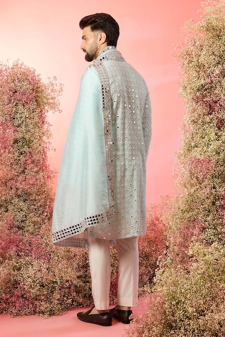 Shop Kasbah Blue Georgette Mirrors Powder Work Kurta And Stole at Aza Fashions Shop_Kasbah_Blue Georgette Mirrors Powder Work Kurta And Stole _at_Aza_Fashions