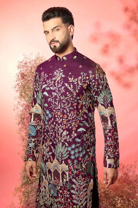 Kasbah_Wine Silk Embroidery Thread Work Kurta With _Online_at_Aza_Fashions