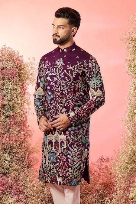 Buy_Kasbah_Wine Silk Embroidery Thread Work Kurta With _Online_at_Aza_Fashions