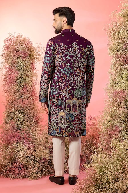 Kasbah Wine Thread Work Kurta With Embroidery 