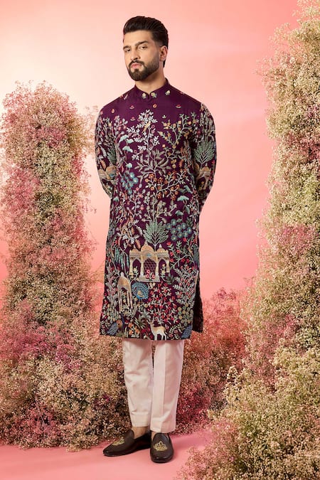 Kasbah Wine Thread Work Kurta With Embroidery 