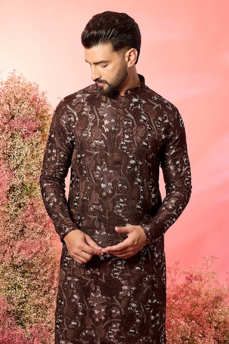 Kasbah_Wine Georgette Embroidery Brown Sequined Kurta With Floral _Online_at_Aza_Fashions
