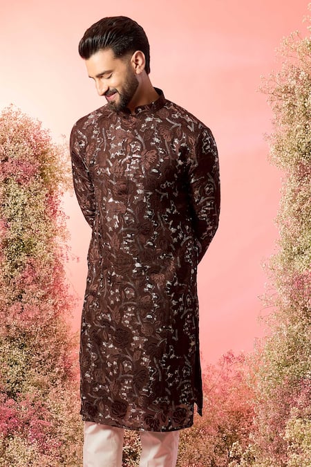 Buy_Kasbah_Wine Georgette Embroidery Brown Sequined Kurta With Floral _Online_at_Aza_Fashions