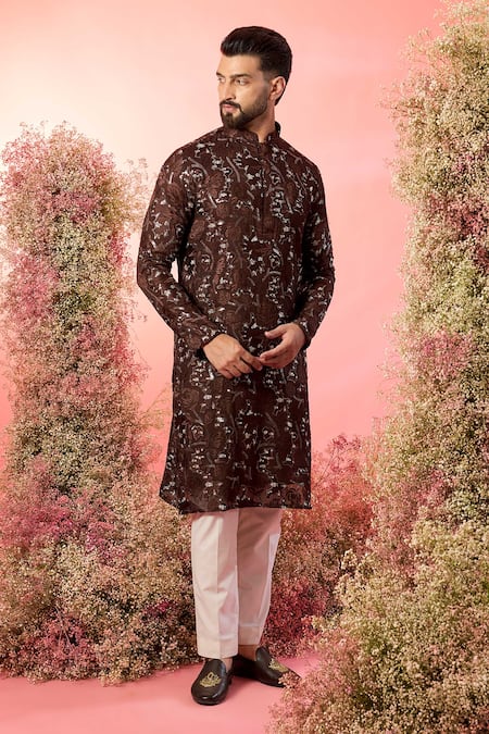 Kasbah Brown Sequined Kurta with Floral Embroidery 