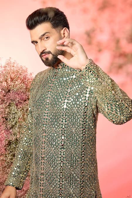 Kasbah Green Georgette Mirrors, Zari Work Kurta In Bottle Online at Aza Fashions Kasbah_Green Georgette Mirrors, Zari Work Kurta In Bottle _Online_at_Aza_Fashions