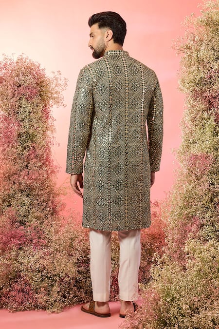 Shop Kasbah Green Georgette Mirrors, Zari Work Kurta In Bottle at Aza Fashions Shop_Kasbah_Green Georgette Mirrors, Zari Work Kurta In Bottle _at_Aza_Fashions