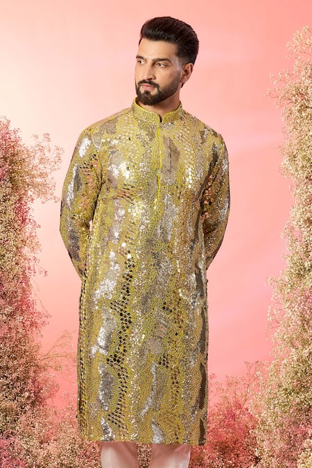 Kasbah Yellow Georgette Sequins Abstract Kurta Online at Aza Fashions Kasbah_Yellow Georgette Sequins Abstract Kurta _Online_at_Aza_Fashions