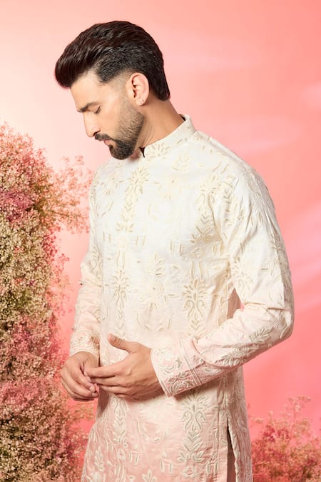 Kasbah_Peach Silk Embroidery Ivory Ombre Chikankari Kurta _Online_at_Aza_Fashions