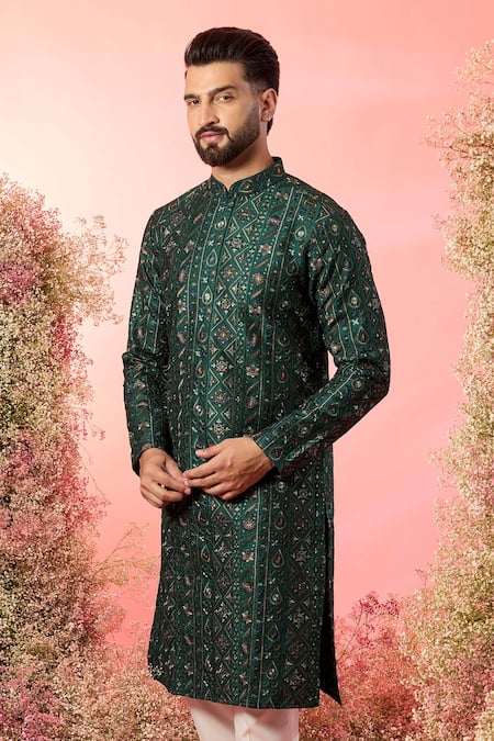 Buy_Kasbah_Green Silk Embroidery Bottle Chikankari Kurta _Online_at_Aza_Fashions