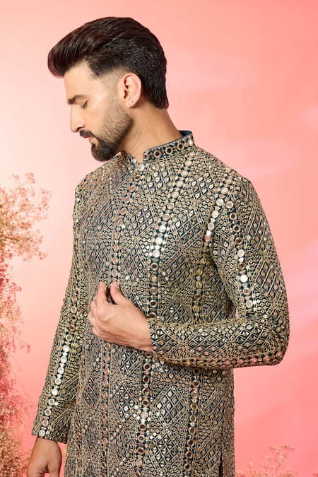 Kasbah Green Georgette Mirrors, Zari Work Kurta In Bottle Online at Aza Fashions Kasbah_Green Georgette Mirrors, Zari Work Kurta In Bottle _Online_at_Aza_Fashions