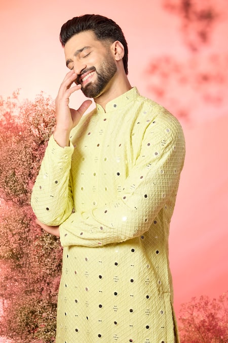 Kasbah Yellow Silk Mirrors Work Short Kurta Online at Aza Fashions Kasbah_Yellow Silk Mirrors Work Short Kurta _Online_at_Aza_Fashions