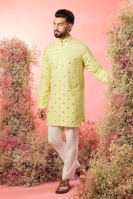 Kasbah Yellow Silk Mirrors Work Short Kurta 