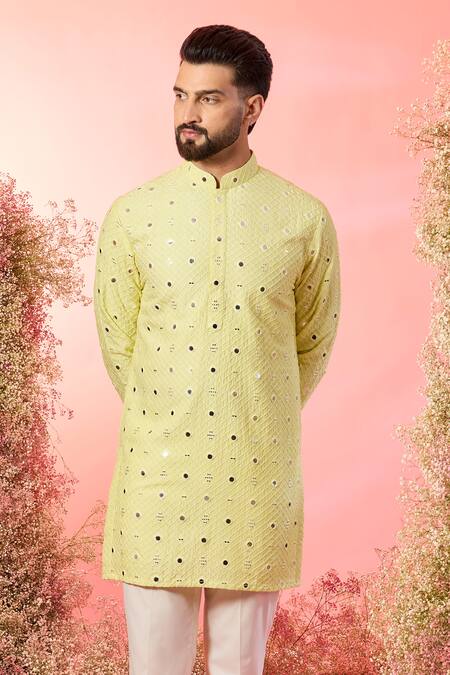 Buy Kasbah Yellow Silk Mirrors Work Short Kurta Online at Aza Fashions Buy_Kasbah_Yellow Silk Mirrors Work Short Kurta _Online_at_Aza_Fashions