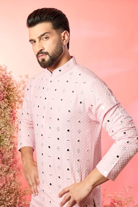 Buy_Kasbah_Pink Silk Mirrors Short Work Kurta _Online_at_Aza_Fashions