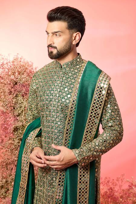 Kasbah_Green Georgette Mirrors Signature Work Kurta Set _Online_at_Aza_Fashions