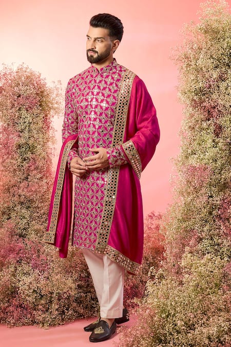 Kasbah Pink Georgette Mirrors Hot Work Kurta And Stole