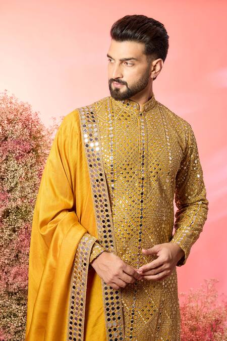 Kasbah Yellow Georgette Mirrors Mustard Work Kurta With Stole Online at Aza Fashions Kasbah_Yellow Georgette Mirrors Mustard Work Kurta With Stole _Online_at_Aza_Fashions