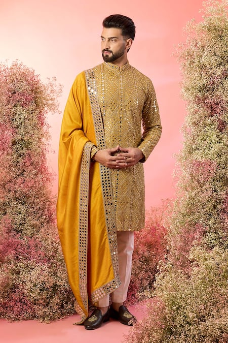 Kasbah Yellow Georgette Mirrors Mustard Work Kurta With Stole