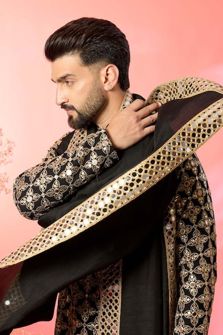 Kasbah_Black Georgette Mirrors Signature Work Kurta Set _Online_at_Aza_Fashions