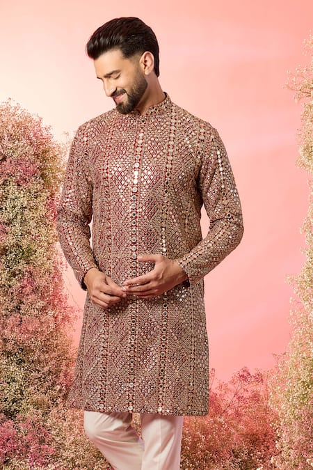 Buy_Kasbah_Maroon Georgette Mirrors, Zari Work Kurta _Online_at_Aza_Fashions