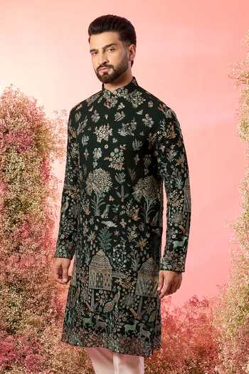 Buy_Kasbah_Green Georgette Embroidery Chinakari Kurta With _Online_at_Aza_Fashions