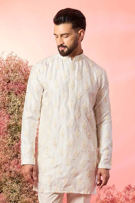 Kasbah_Ivory Silk Embroidery Short Chikankari Kurta _Online_at_Aza_Fashions