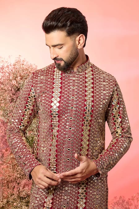 Kasbah_Maroon Georgette Mirrors, Zari Work Designer Kurta _Online_at_Aza_Fashions