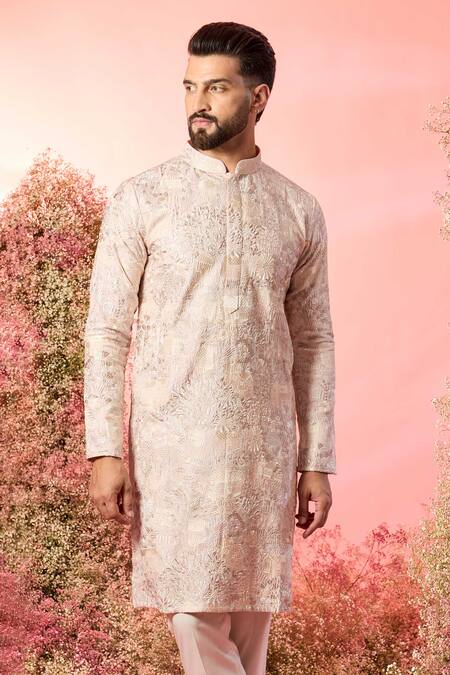 Kasbah Pink Silk Embroidery Powder Chikankari Kurta Online at Aza Fashions Kasbah_Pink Silk Embroidery Powder Chikankari Kurta_Online_at_Aza_Fashions